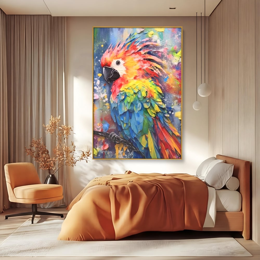 Tablou canvas cu tablou canvas cu papagal colorat, in rama de aluminiu auriu, pe perete intr-un dormitor
